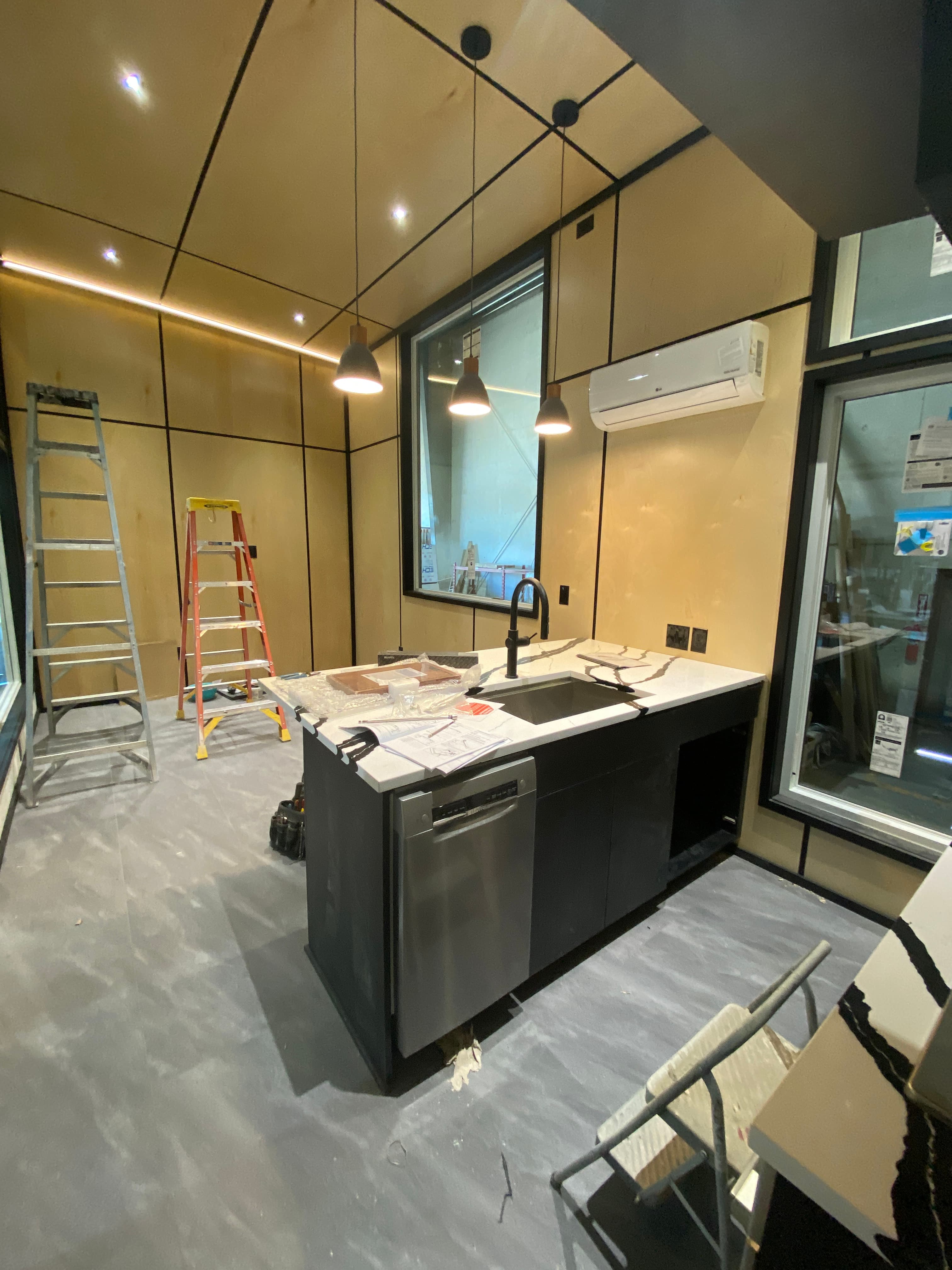 Montera Homes factory build — bathroom drywall and finishing stage