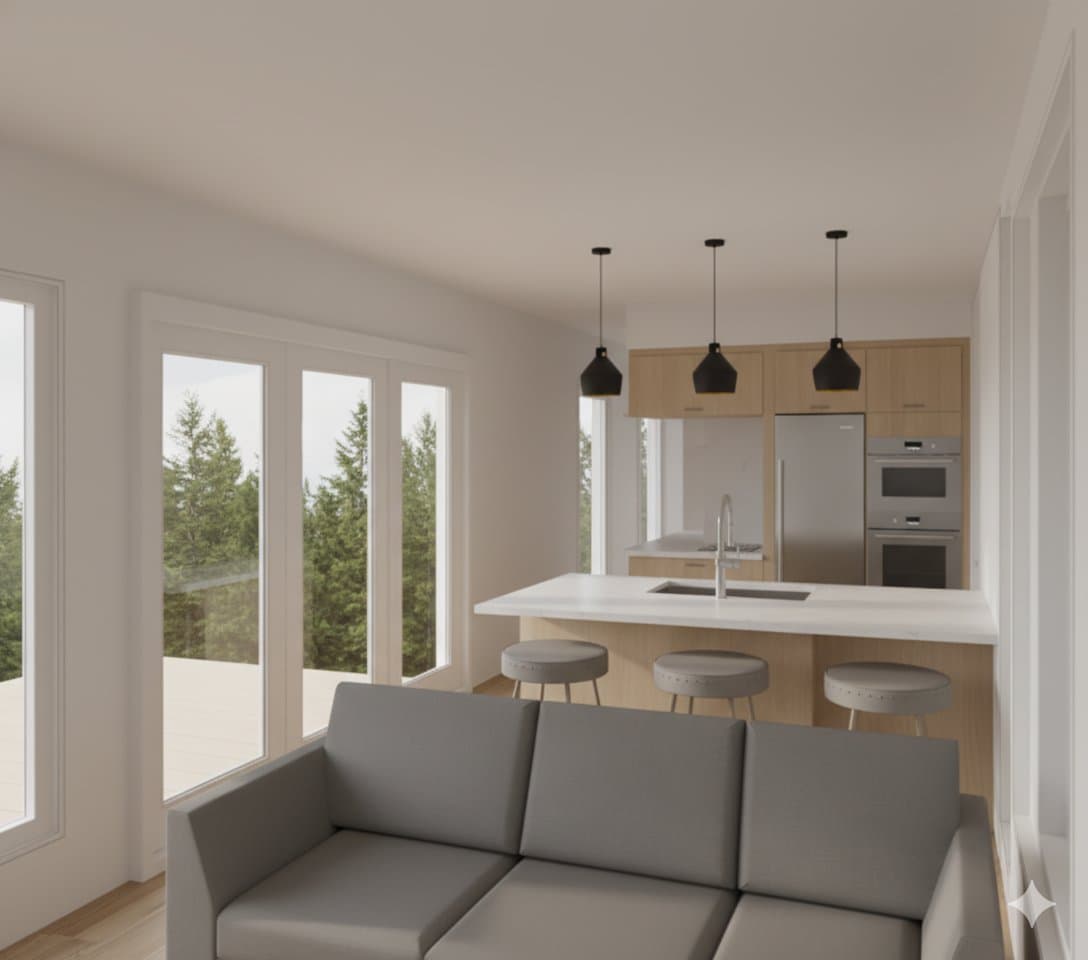 Montera Homes luxury interior — wood burning stove and plywood wall paneling